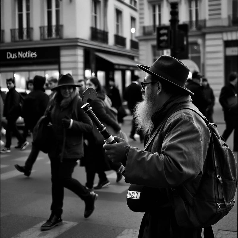 A black and white photo of a street performer in Paris, France, illustrating street photography techniques.