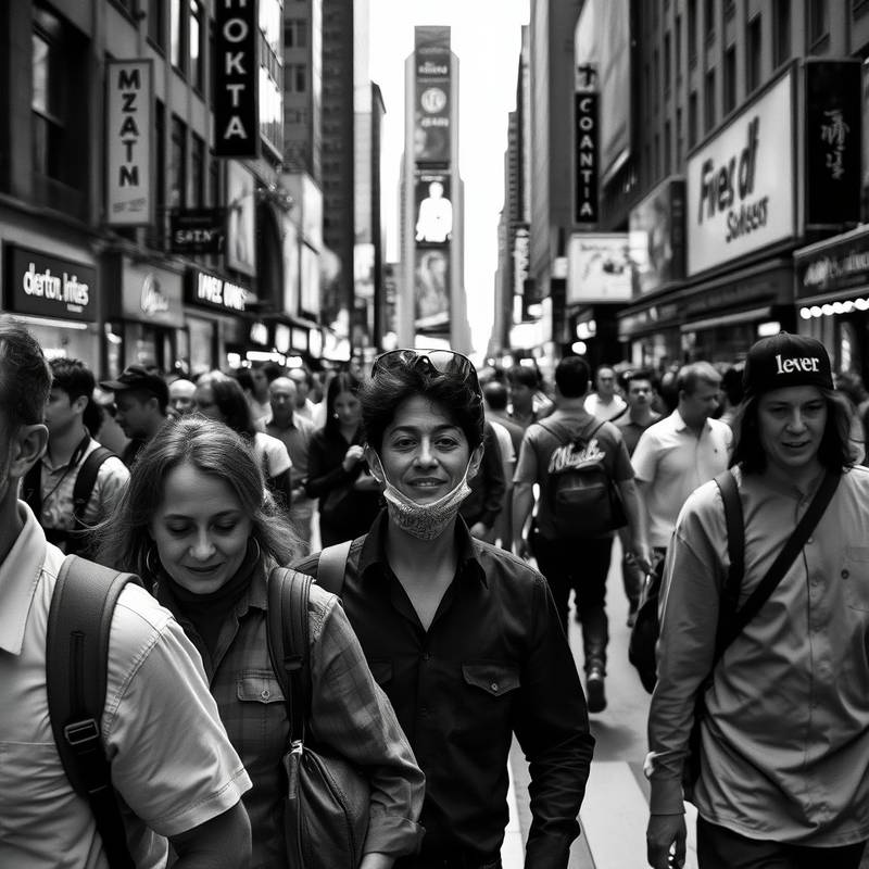 A black and white photograph of a bustling city street, showcasing street photography