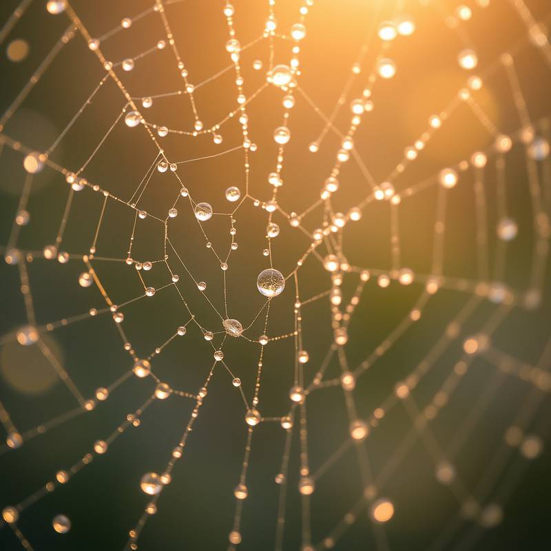 A close-up photograph of dew drops on a spider web, showcasing nature photography