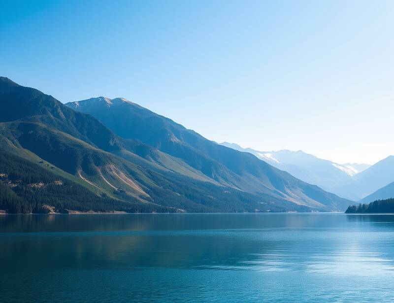A serene landscape featuring mountains, a lake, and a clear blue sky, representing landscape photography course