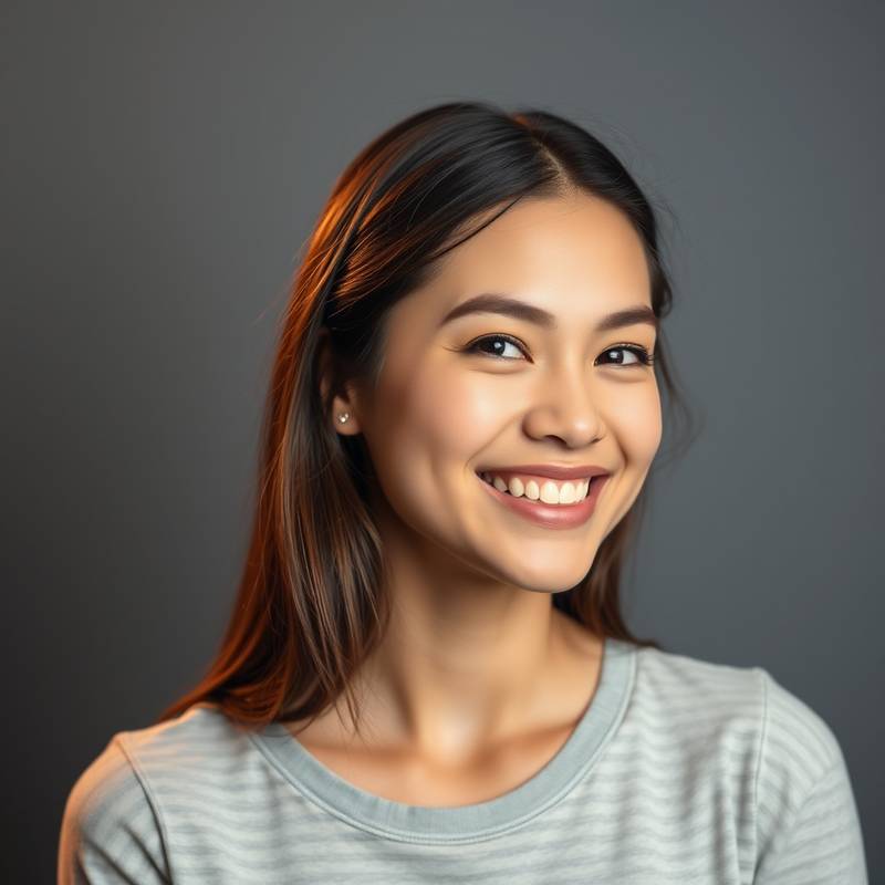 A studio portrait of a young woman smiling, demonstrating portrait photography techniques.