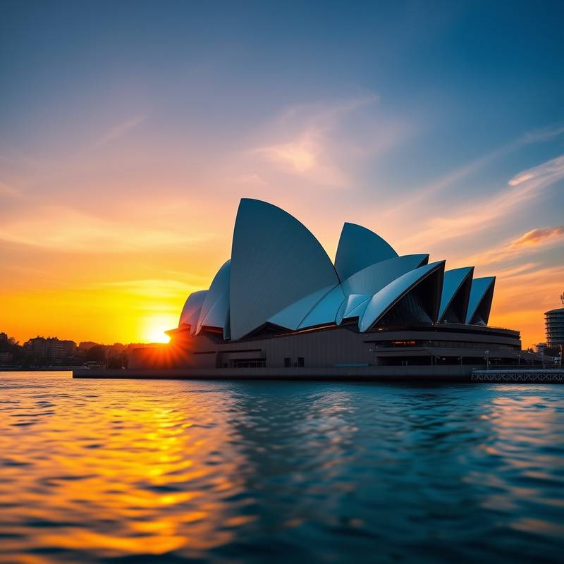 A stunning photograph of the Sydney Opera House at sunset, showcasing architectural photography