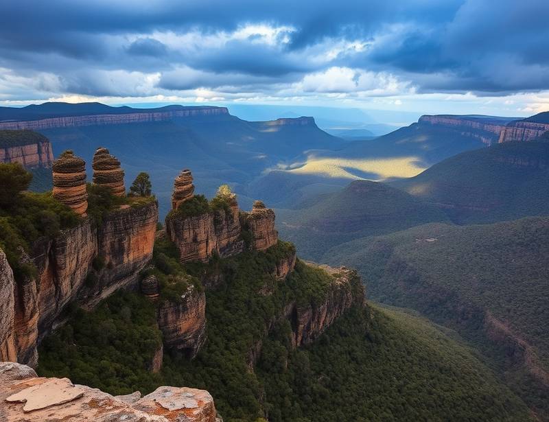 A sweeping landscape view of the Blue Mountains, NSW, Australia, showcasing a landscape photography masterclass.