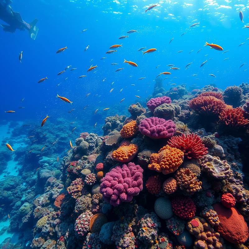 A vibrant photograph of a coral reef teeming with marine life, showcasing underwater photography