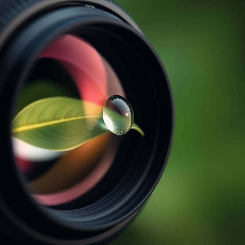 Close-up shot of a DSLR camera lens focusing on a dewdrop on a leaf, illustrating a macro photography course.