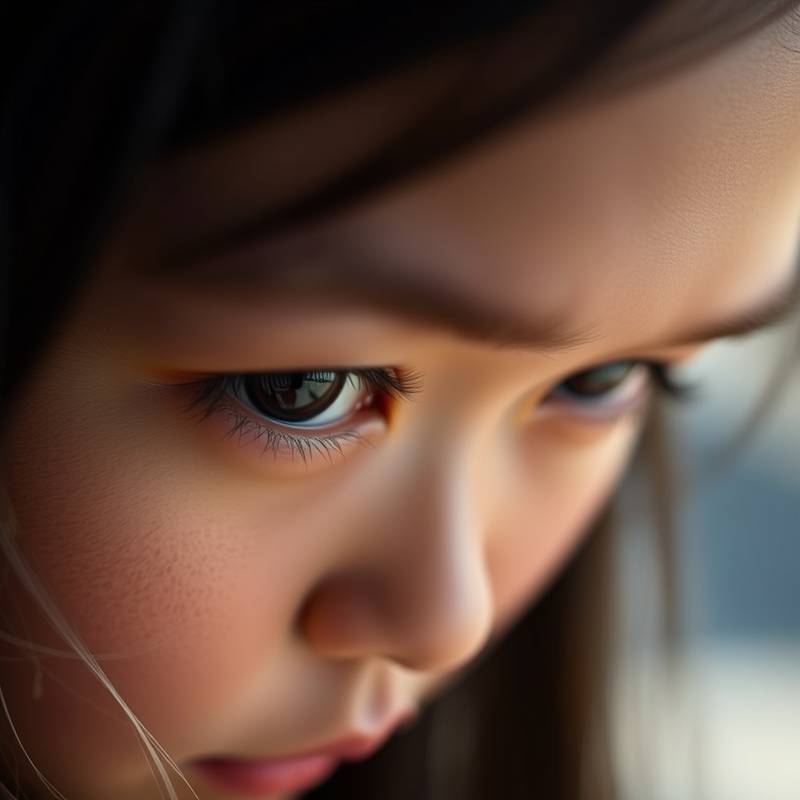 Close-up shot of Sophia Chen, a talented macro photographer with a focused gaze